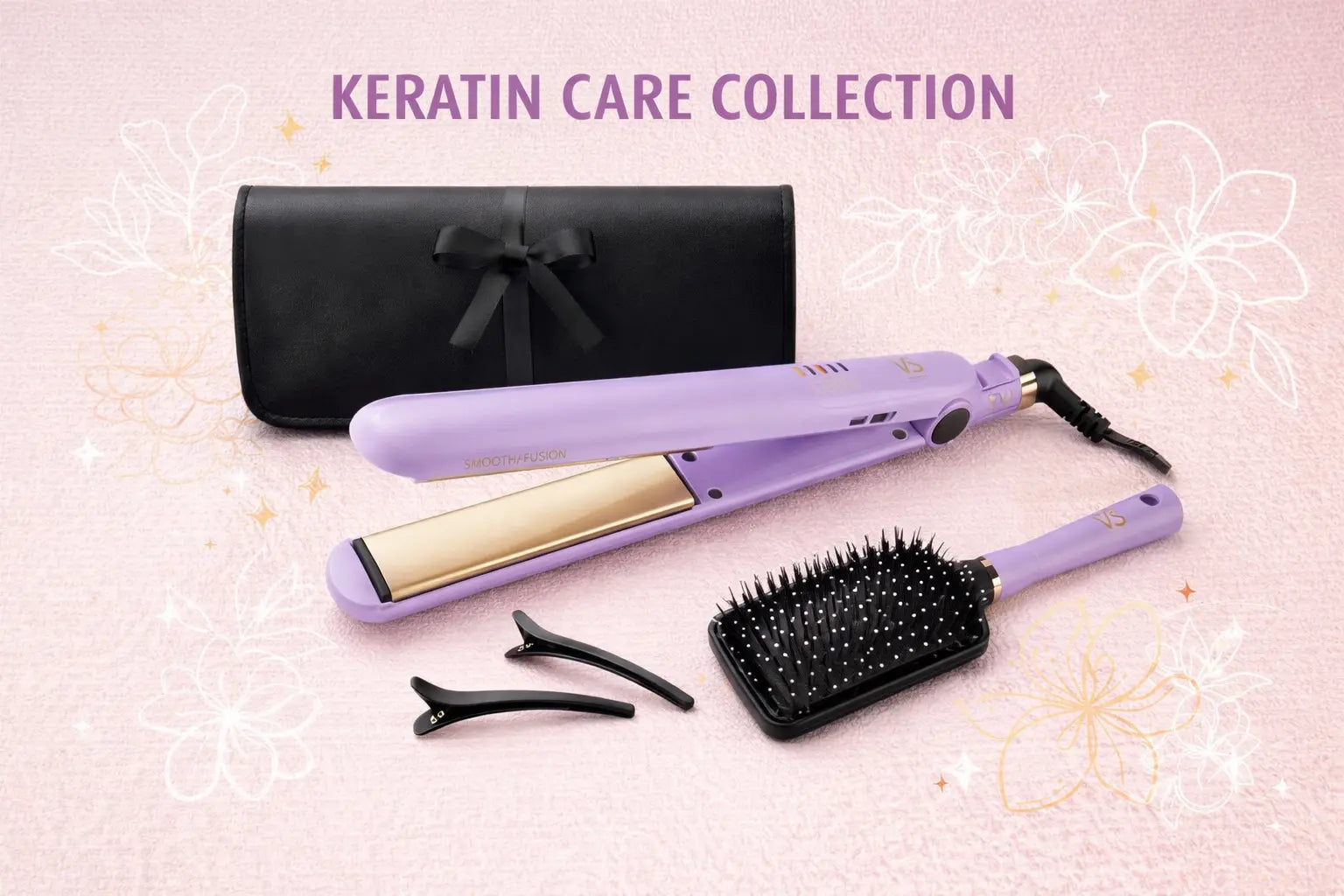 Purple hair straightener and brush set with a black case on a light pink background, labeled 'Keratin Care Collection'.