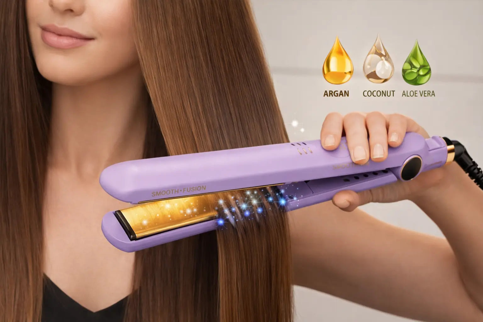 Person using a purple hair straightener with argan, coconut, and aloe vera icons on a light background