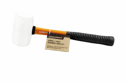 Rubber mallet with black handle and white head on a white background