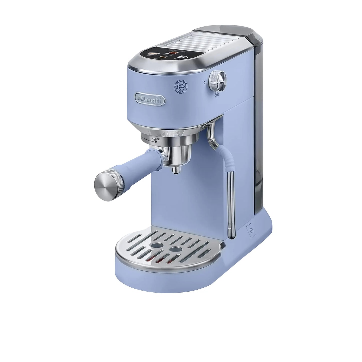 DeLonghi Dedica Duo EC890LA Dubai Blue manual espresso machine front angle view with portafilter and steam wand