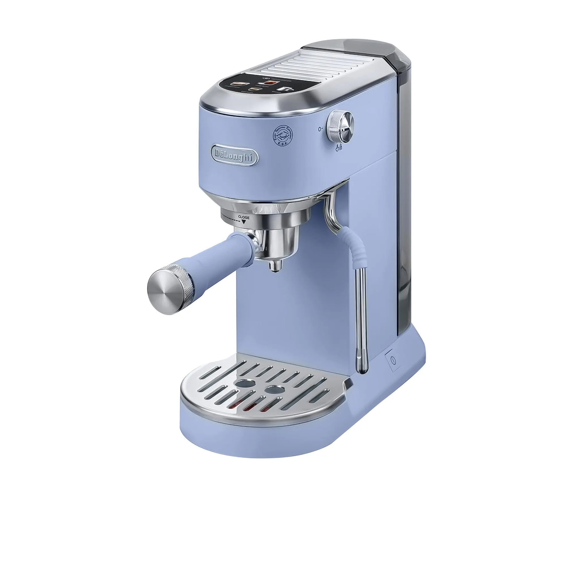 DeLonghi Dedica Duo EC890LA Dubai Blue manual espresso machine front angle view with portafilter and steam wand