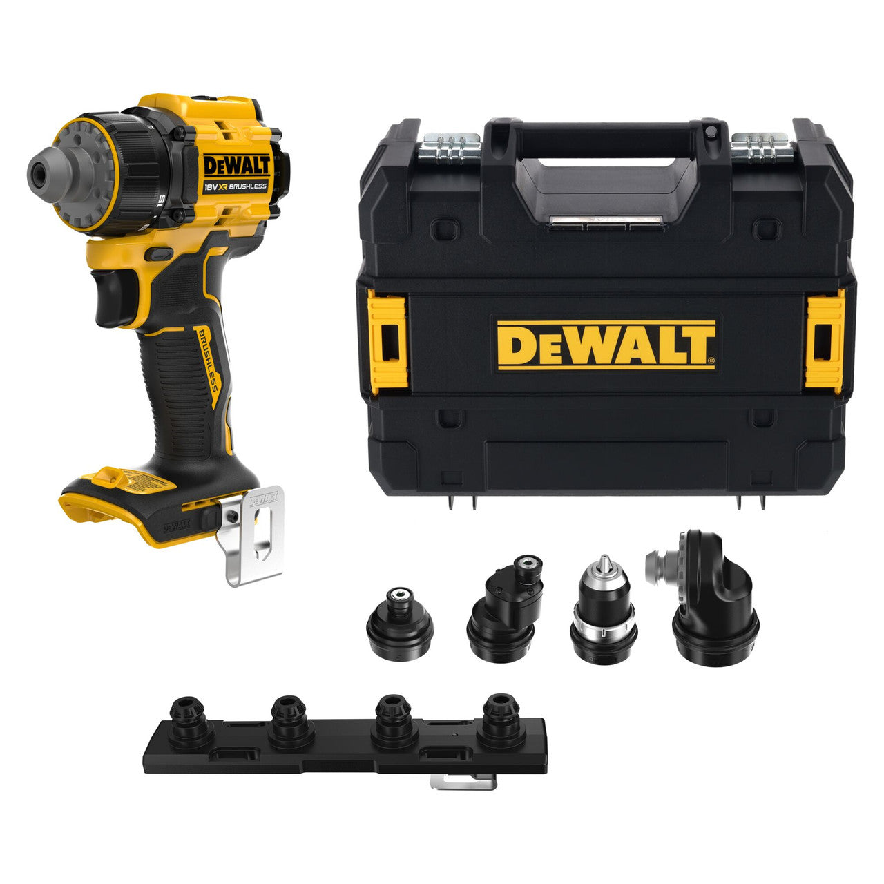 DeWalt drill and accessories set on a white background