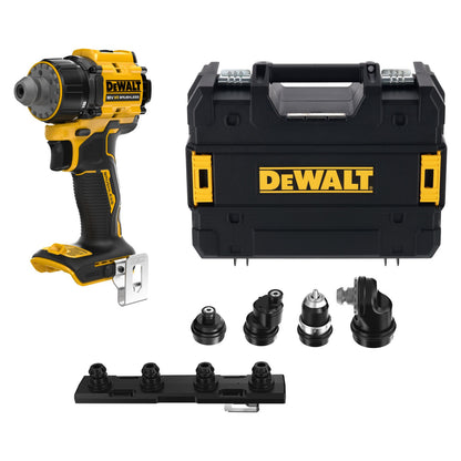 DeWalt drill and accessories set on a white background