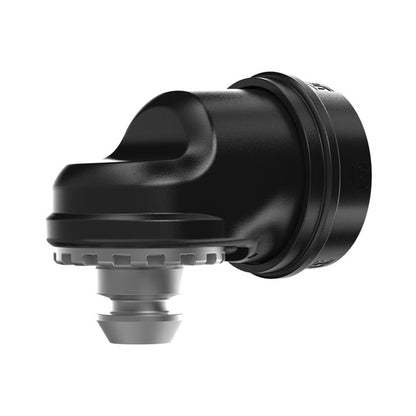 Black and silver mechanical vaping component on a white background