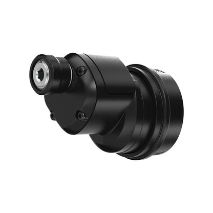 Black mechanical component on a white background