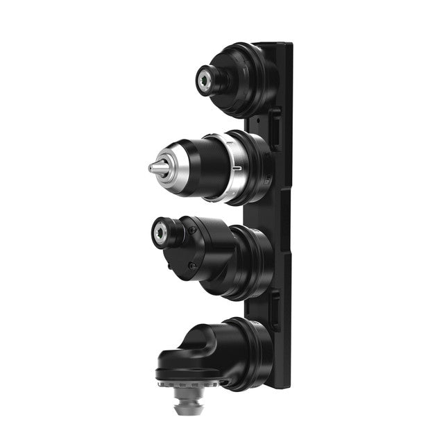 A black metal mounting bracket with four threaded cylindrical sockets, shown against a plain white background.