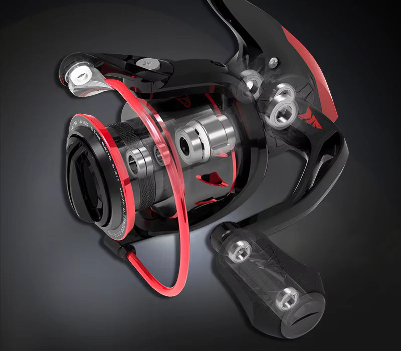 Close-up of the KastKing Sharky III precision-mesh brass pinion gears and oversized main shaft inside the reel body