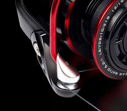 Close-up of the KastKing Sharky III bail arm and spool edge showing engraved gear ratio and line capacity markings