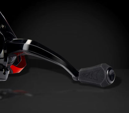 Close-up of the KastKing Sharky III folding handle and textured EVA knob with embossed K logo