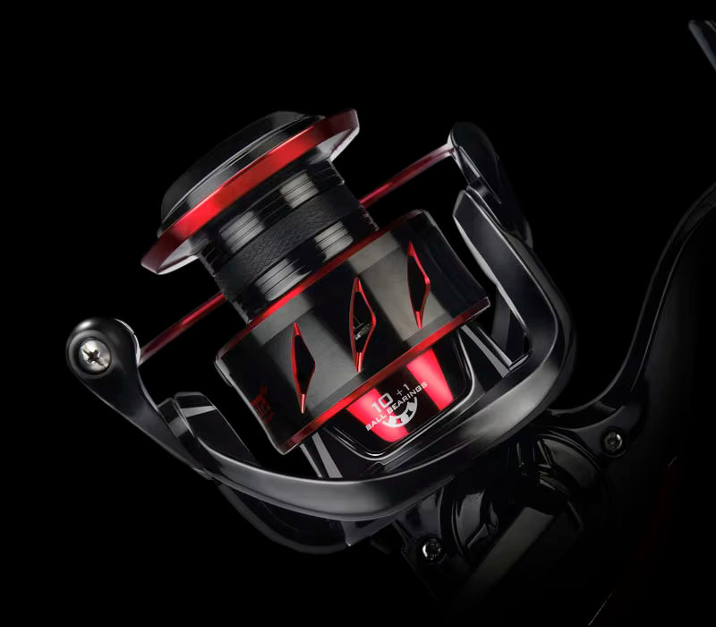Close-up hero shot of the KastKing Sharky III spinning reel spool and body with 10+1 ball bearing branding