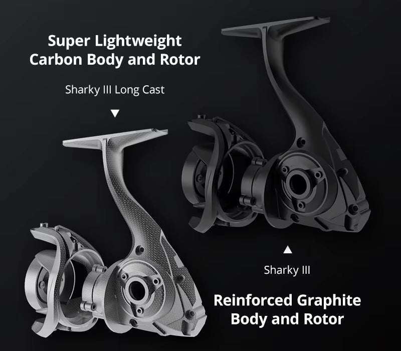 KastKing Sharky III reinforced graphite body and rotor shown alongside the carbon-bodied Sharky III Long Cast for comparison