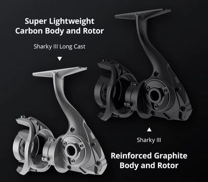 KastKing Sharky III reinforced graphite body and rotor shown alongside the carbon-bodied Sharky III Long Cast for comparison