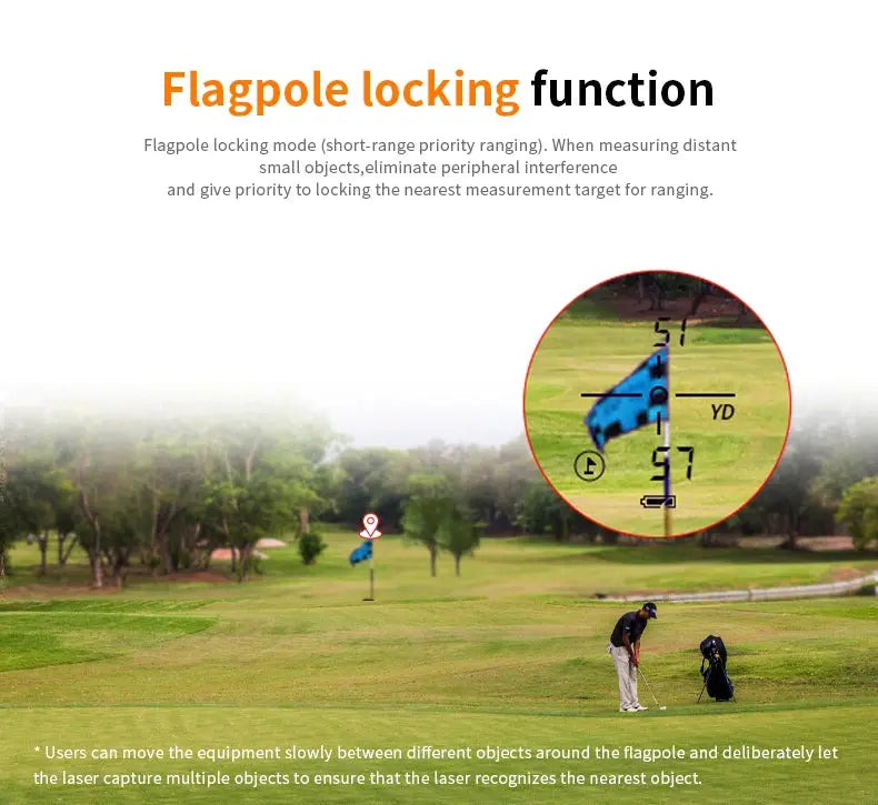 Golf course with a flagpole and laser equipment, highlighting flagpole locking function.