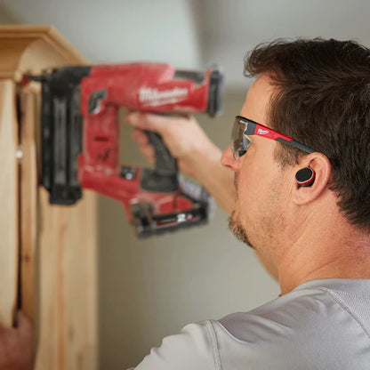 Milwaukee L4RLEPB301 Bluetooth headphones worn on jobsite