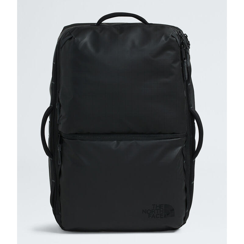 Black backpack with The North Face logo on a light gray background