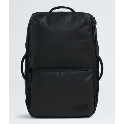 Black backpack with The North Face logo on a light gray background