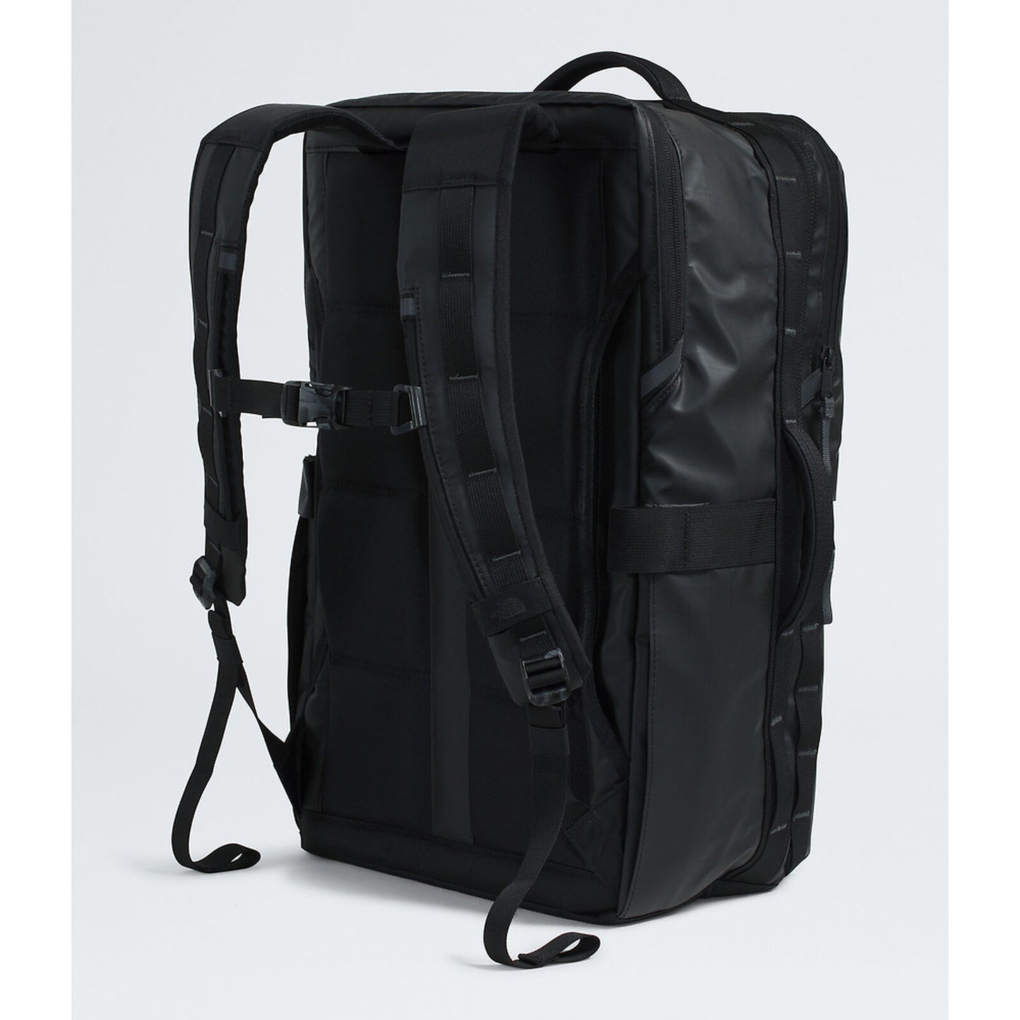 Black backpack on a light gray background