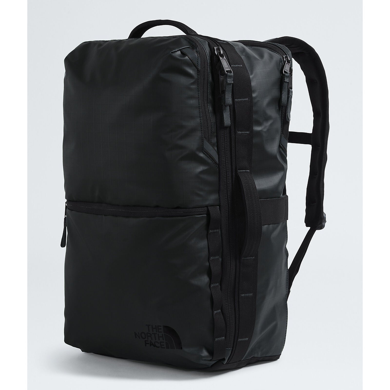 Black backpack with The North Face logo on a light gray background