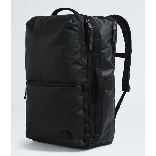 Black backpack with The North Face logo on a light gray background