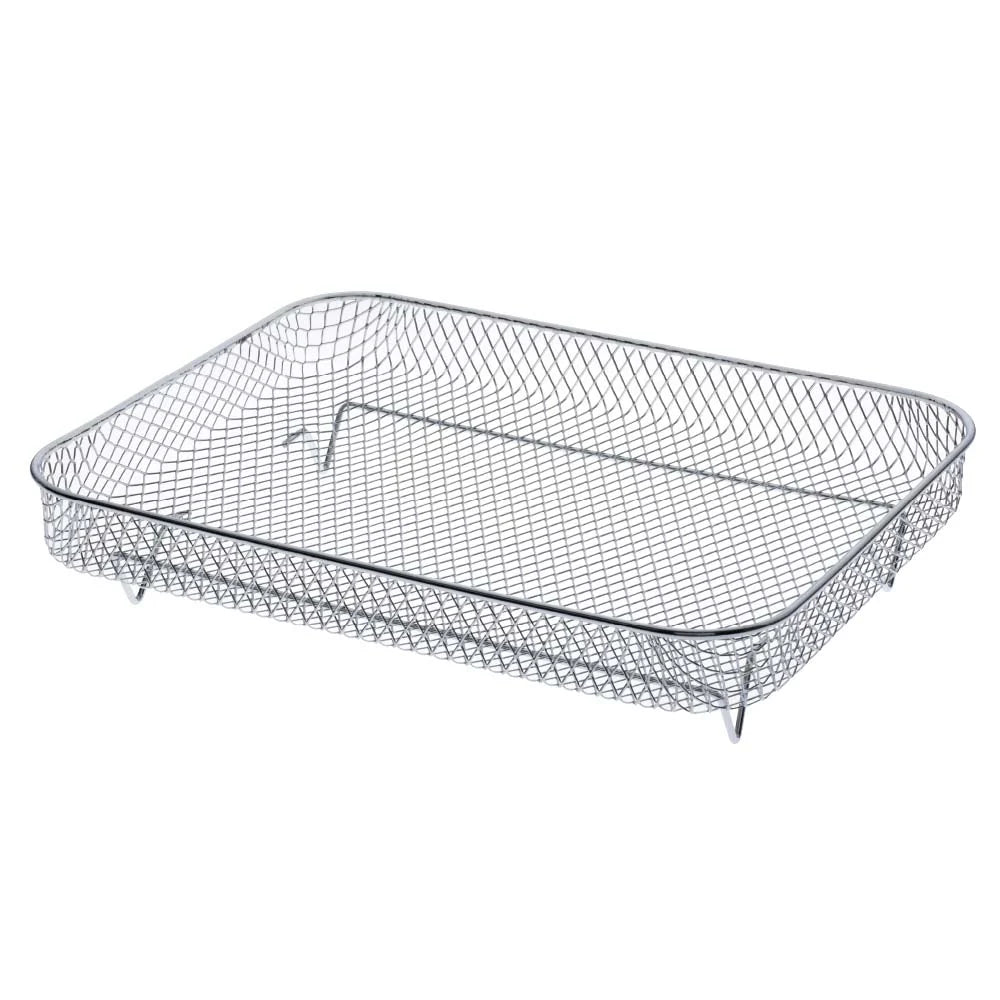 A rectangular silver wire mesh basket with a grid pattern and raised rim, shown on a plain white background.