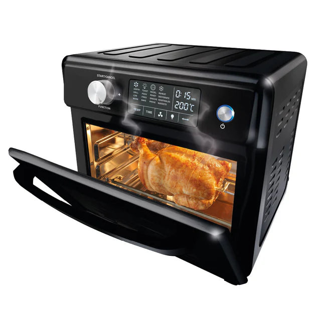 Black countertop convection oven with the door open, showing a roasted chicken inside. The oven features a digital control panel with a rotary dial and touch buttons, and a glass door with a black handle.