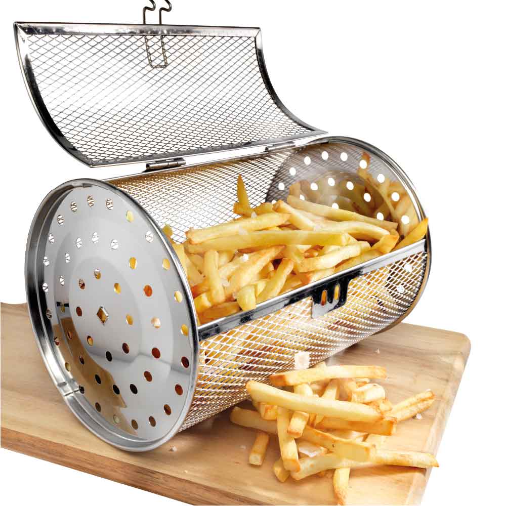 A stainless steel cylindrical french fry basket with a hinged lid, shown open and filled with golden fries on a wooden cutting board against a white background.