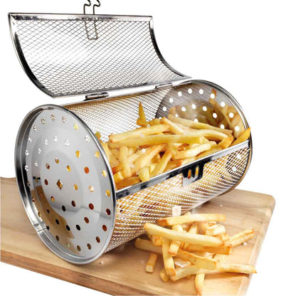 A stainless steel cylindrical french fry basket with a hinged lid, shown open and filled with golden fries on a wooden cutting board against a white background.