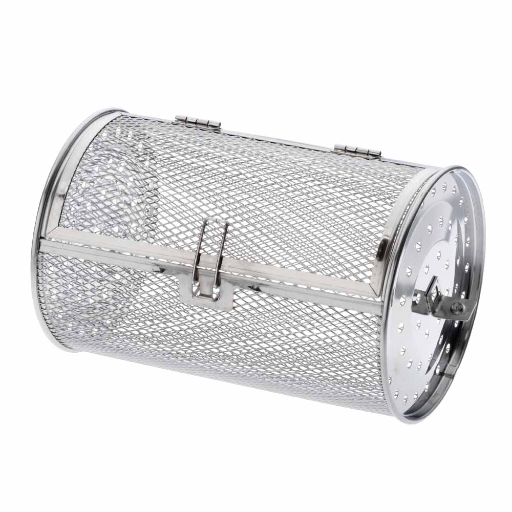 A stainless steel cylindrical mesh basket with a hinged lid and latch mechanism, shown on a plain white background.