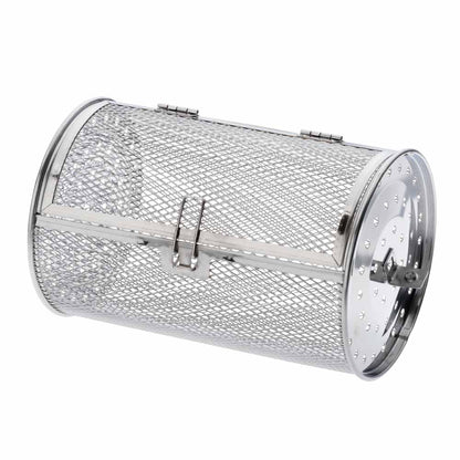 A stainless steel cylindrical mesh basket with a hinged lid and latch mechanism, shown on a plain white background.