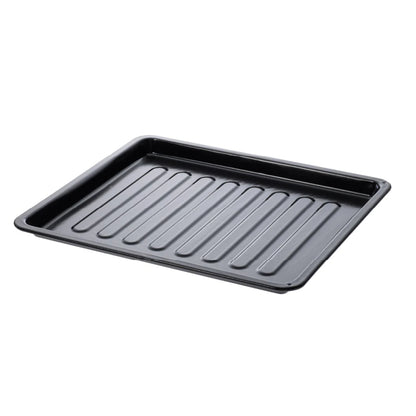 A black rectangular non-stick baking tray with raised rim and parallel ribbed bottom, shown at an angle on a plain white background.