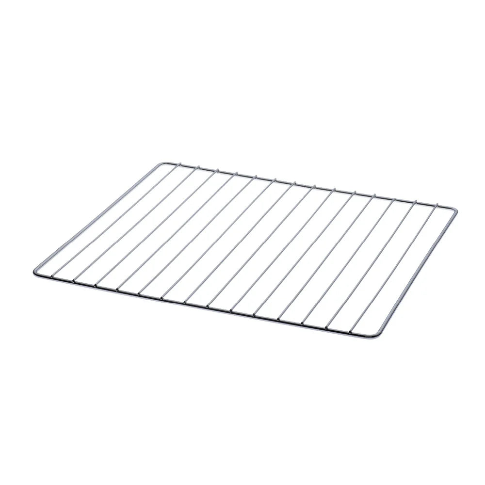 A rectangular metal oven rack with thin parallel support bars and a dark rim, shown on a plain white background.