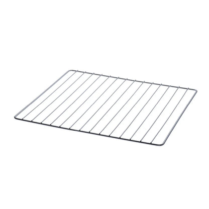 A rectangular metal oven rack with thin parallel support bars and a dark rim, shown on a plain white background.
