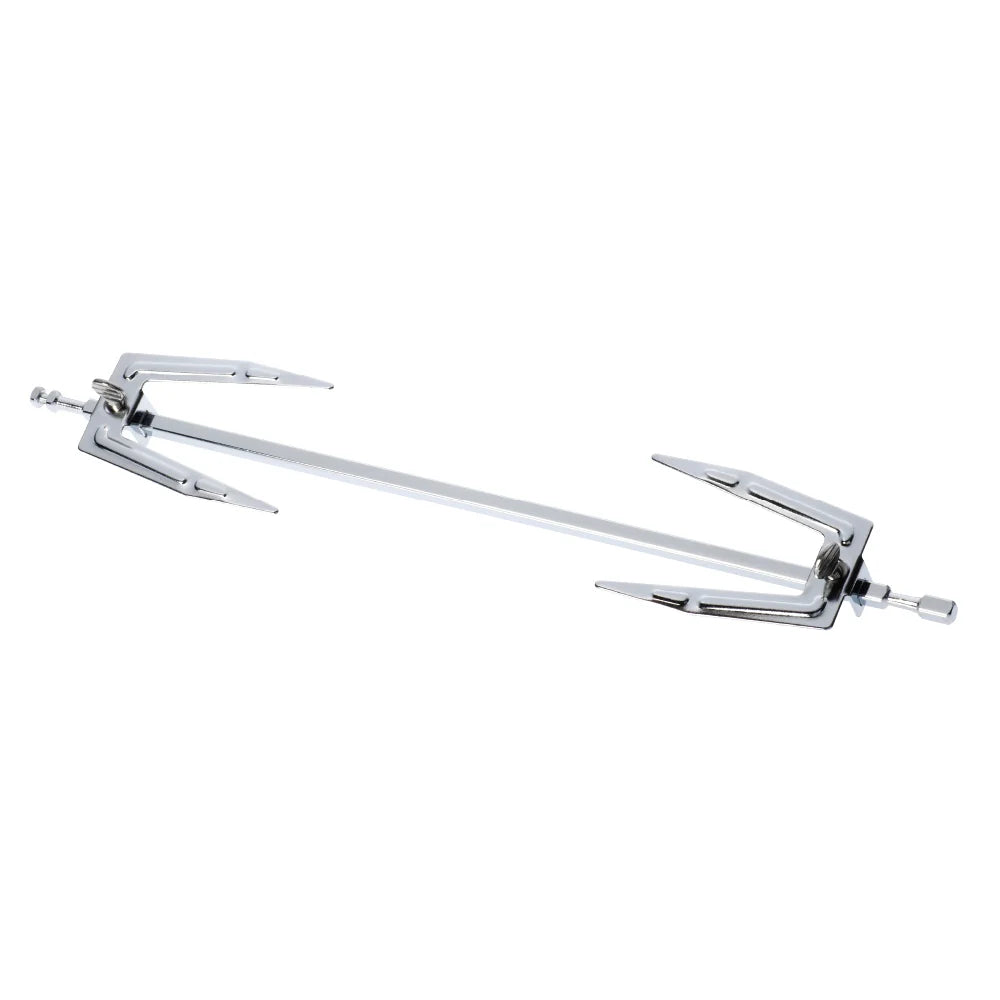 A polished chrome kitchen utensil with a long horizontal shaft and two forked ends, shown on a plain white background.