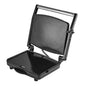 Black sandwich press with open lid on a white background
