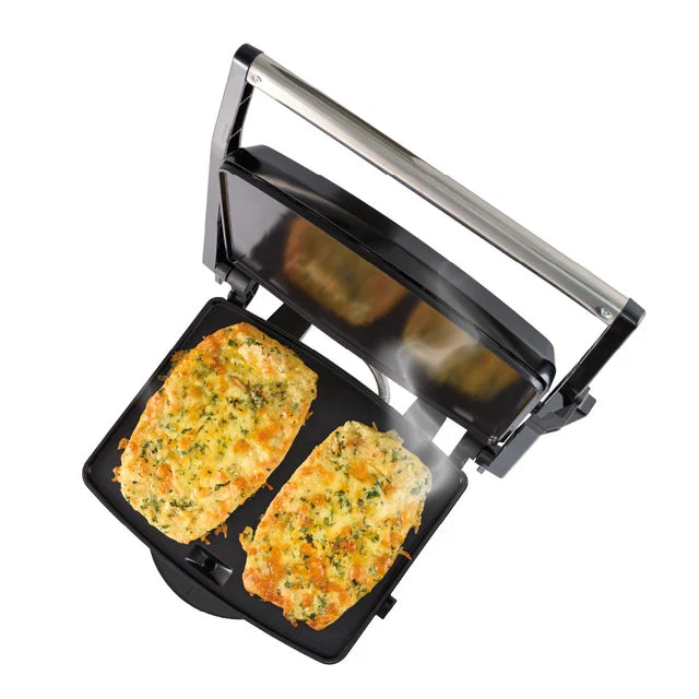 Panini press with two grilled sandwiches inside on a white background