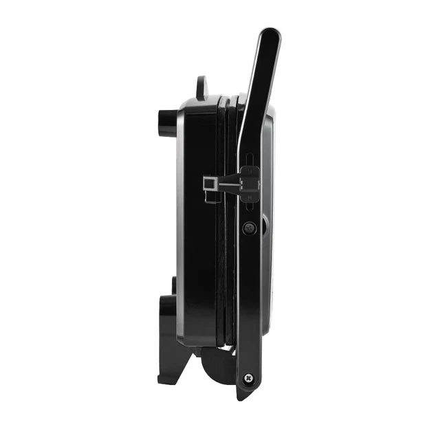 Black wall-mounted clock with a minimalist design on a white background