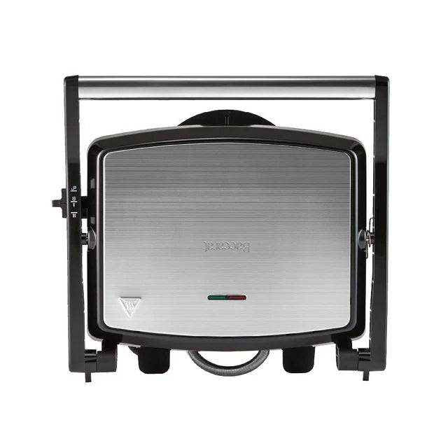 Black and silver sandwich maker on a white background