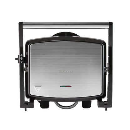 Black and silver sandwich maker on a white background