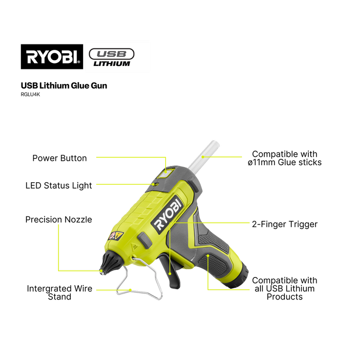 RYOBI USB Lithium Glue Gun Kit – 2Ah Battery | Cordless 11mm Hot Glue Gun