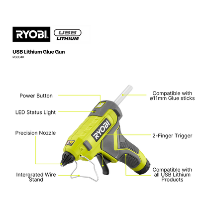 RYOBI USB Lithium Glue Gun Kit – 2Ah Battery | Cordless 11mm Hot Glue Gun