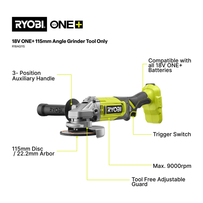 RYOBI 18V ONE+ 115mm Angle Grinder Kit – 4.0Ah Battery & Charger Included