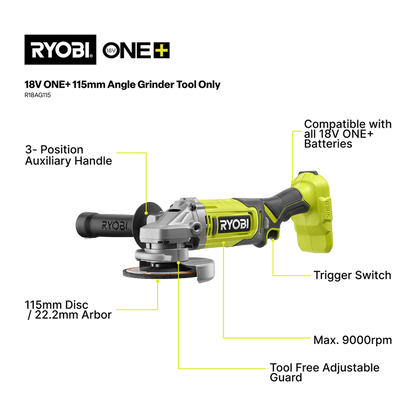RYOBI 18V ONE+ 115mm Angle Grinder Kit – 4.0Ah Battery & Charger Included