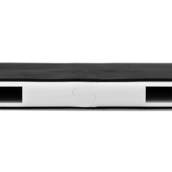 Black longboard with visible branding on a white background