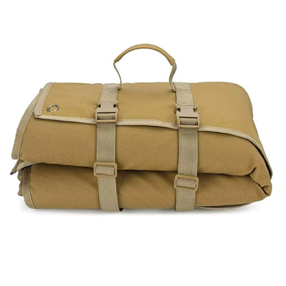 Tactical shooting mat rolled and strapped for compact storage - waterproof 900D nylon in khaki