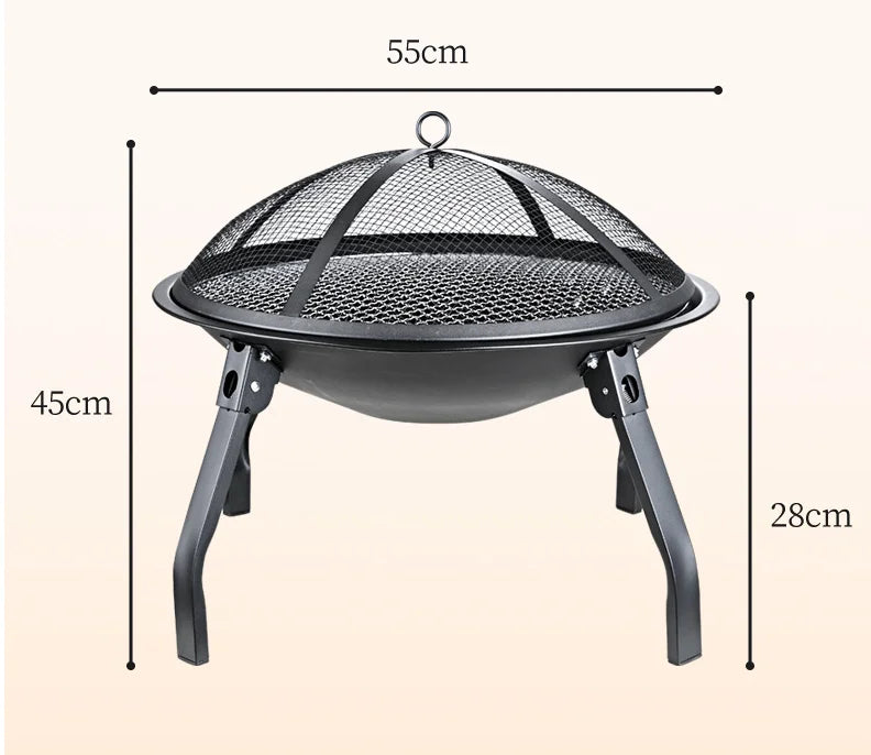 Folding charcoal BBQ fire pit set up for outdoor camping cooking