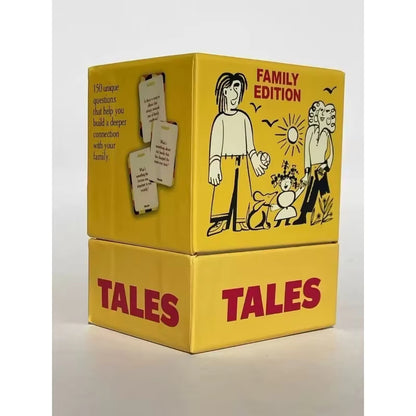TALES Family Edition conversation card game cube box, front view