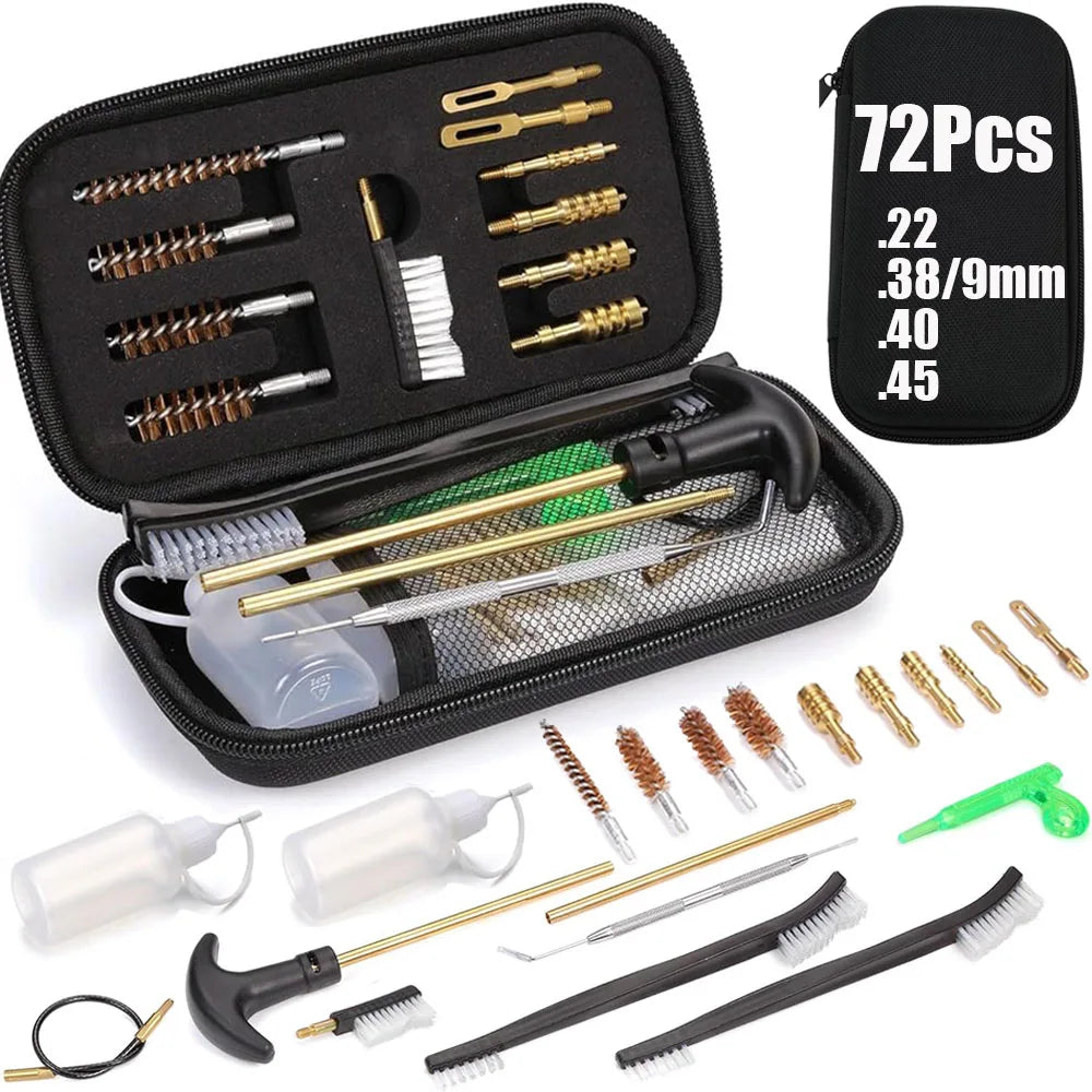 A 72-piece firearm cleaning kit displayed open in a black zippered case, with additional tools arranged around it on a white background. The kit includes brass and silver cleaning brushes, several drill bits, two small bottles, a T-handle tool, brush-like cleaning tools, and a black zippered pouch labeled '72Pcs' with caliber sizes 22, .