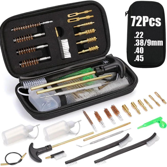 A 72-piece firearm cleaning kit displayed open in a black zippered case, with additional tools arranged around it on a white background. The kit includes brass and silver cleaning brushes, several drill bits, two small bottles, a T-handle tool, brush-like cleaning tools, and a black zippered pouch labeled '72Pcs' with caliber sizes 22, .