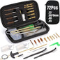 A 72-piece firearm cleaning kit displayed open in a black zippered case, with additional tools arranged around it on a white background. The kit includes brass and silver cleaning brushes, several drill bits, two small bottles, a T-handle tool, brush-like cleaning tools, and a black zippered pouch labeled '72Pcs' with caliber sizes 22, .