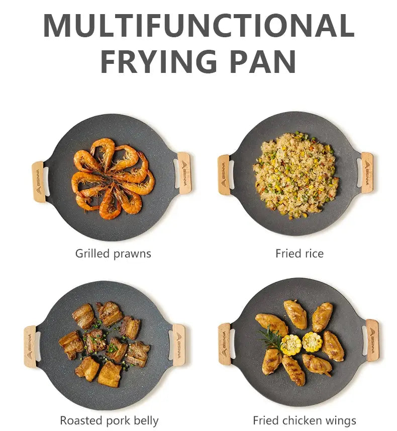 Multifunctional frying pan with different food items on a white background